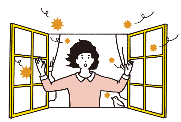 イメージ：花粉が多く飛散している日でも、閉め切っていると健康に良くないため、窓を開けて換気をよくしている