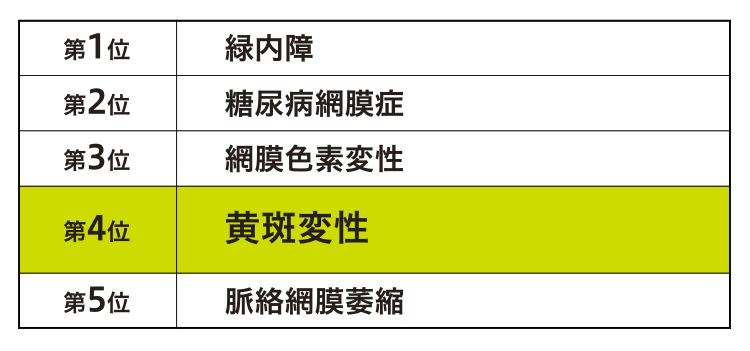 視覚障害者手帳交付の原因疾患 第1位 緑内障 第2位 糖尿病網膜症 第3位 網膜色素変性 第4位 黄斑変性 第5位 脈絡網膜萎縮