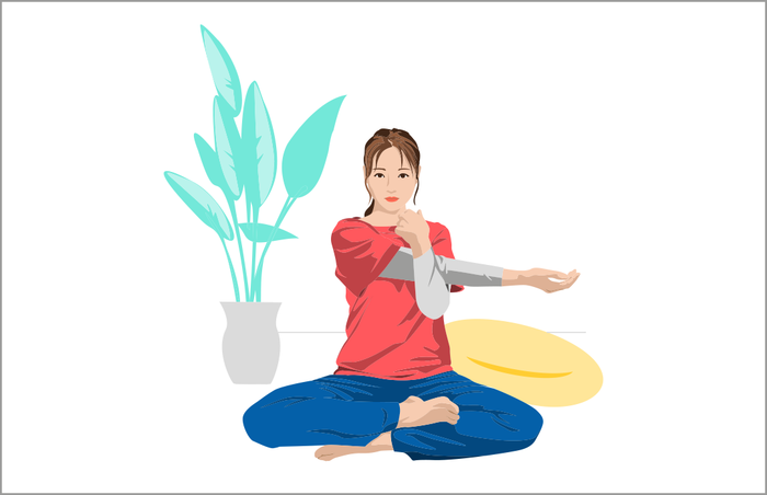 多発性硬化症（MS）による身体機能の低下を防ぎ、維持させていくためのリハビリで柔軟体操を行う