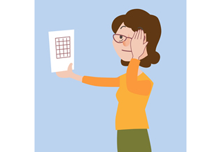 片目を隠して、アムスラーチャートでチェックしているイメージイラスト