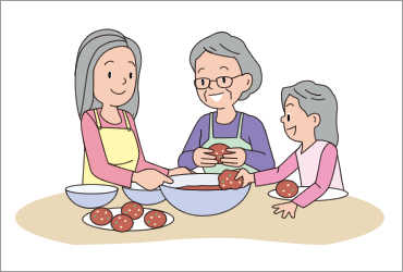 イメージ:親子3世代でハンバーグを作っているイラスト