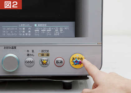 図2 電子レンジでとても頻繁に使うのが「あたため」であれば、そのボタンに凸状のシールを貼ります。こうしておくと、使う時に他より盛り上がっているボタンを押すだけでよく、眼で判別しなくても簡単に操作することが可能になります。