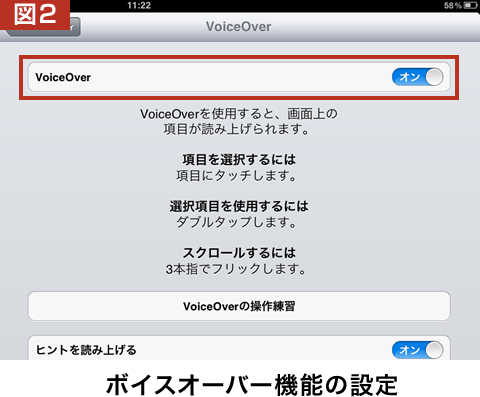 図2、ボイスオーバーは画面の表示項目を音声で読み上げる機能です。