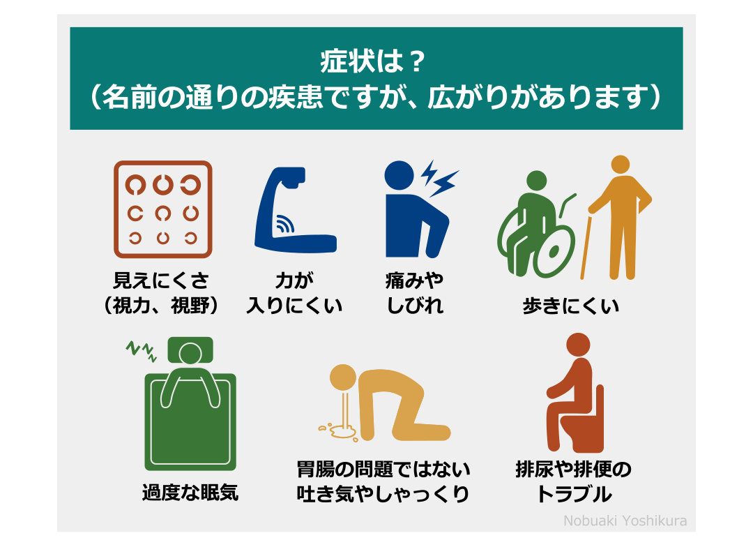 症状は？（名前の通りの疾患ですが、広がりがあります） みえにくさ（視力、視野）・力がはいりにくい・痛みやしびれ・歩きにくい・過度な眠気・胃腸の問題ではない吐き気やしゃっくり・排尿や排便のトラブル