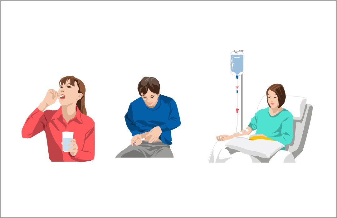 再発や進行を抑えるための治療では飲み薬(カプセル、錠剤)や注射剤(ペン型、シリンジなど)、点滴剤を使う