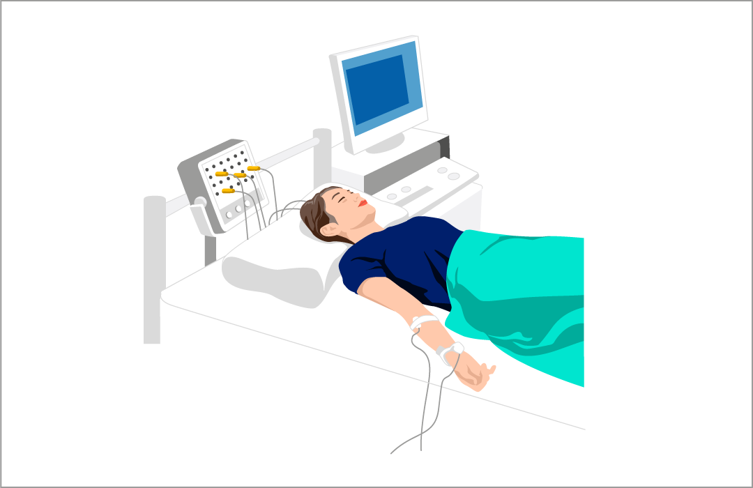 頭に小さな電極をつけ、ビデオ画面を見たり、手足に弱い電気刺激を与えたりして、脳波の変化を確認する誘発電位検査