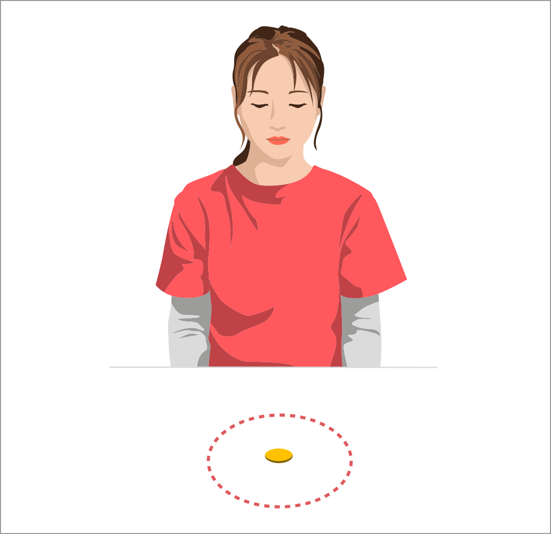 目を閉じたまま、コインの位置に手の指先を合わせる①