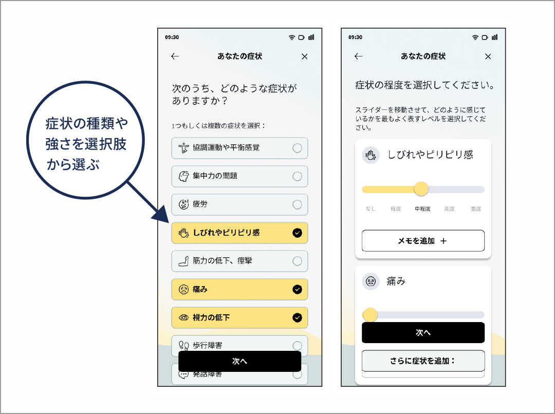 ekiva（エキーバ）アプリの「あなたの症状」の画面。